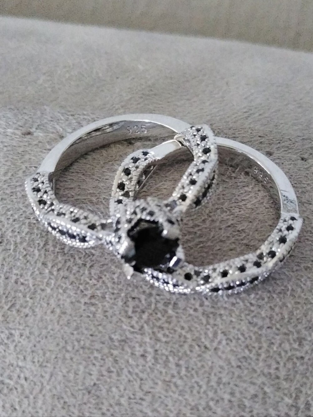 10k White Gold Over Silver 2 PC Onyx Solitaire W/Accents Eternity Ring Set Sz 10 - Picture 4 of 12